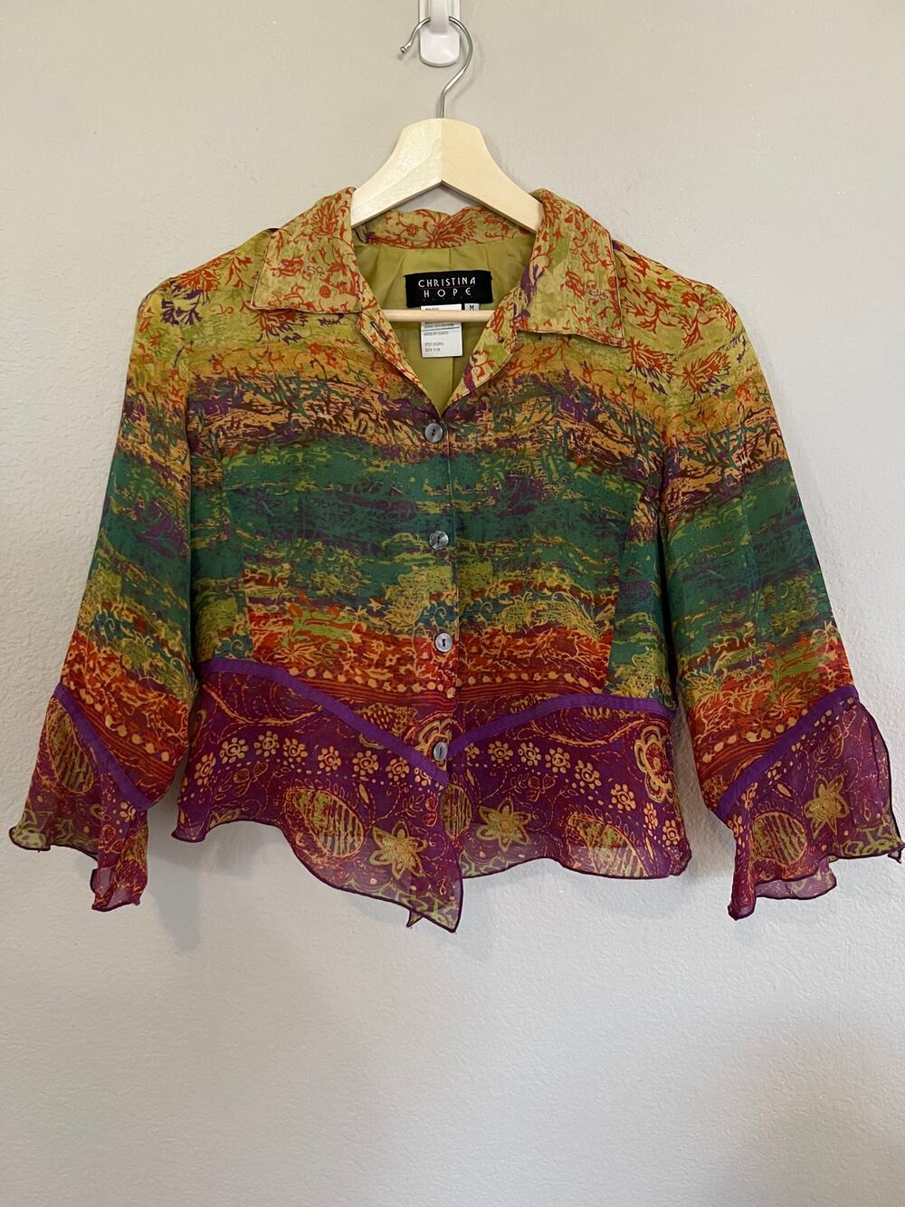 Christina Hope Women's Multicolor Floral Silk Blouse Ruffled Sleeve Size Medium